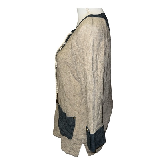 Tory Burch Jonisse tan/blue linen blend tunic top with pockets - Picture 8 of 11